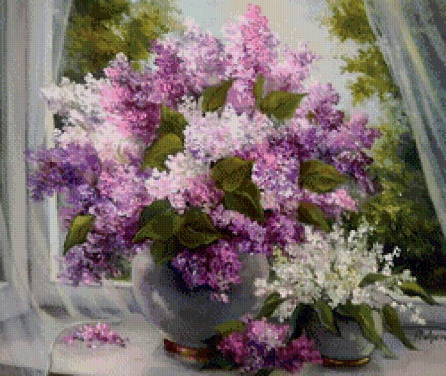 Сирень, художник Anca Bulgaru - окно, живопись, натюрморт, сирень, ландыши, цветы - предпросмотр