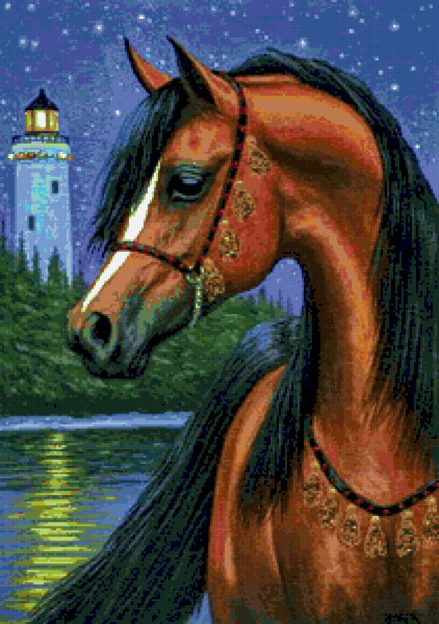 Конь у моря - конь, море, ночь, маяк - предпросмотр