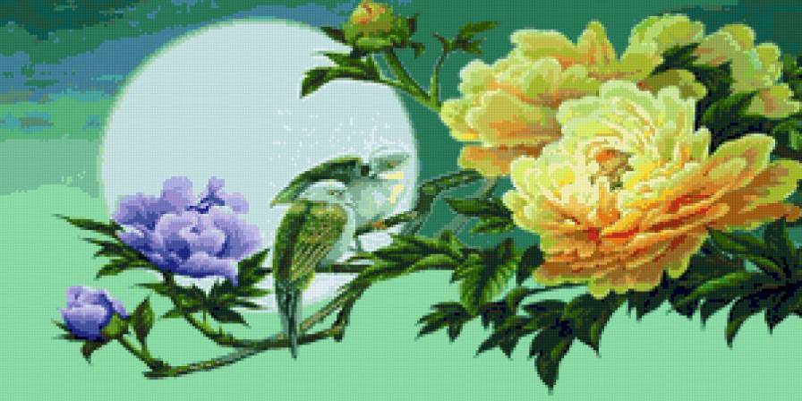 В лунном сияньи - цветы, птицы, павлин - предпросмотр