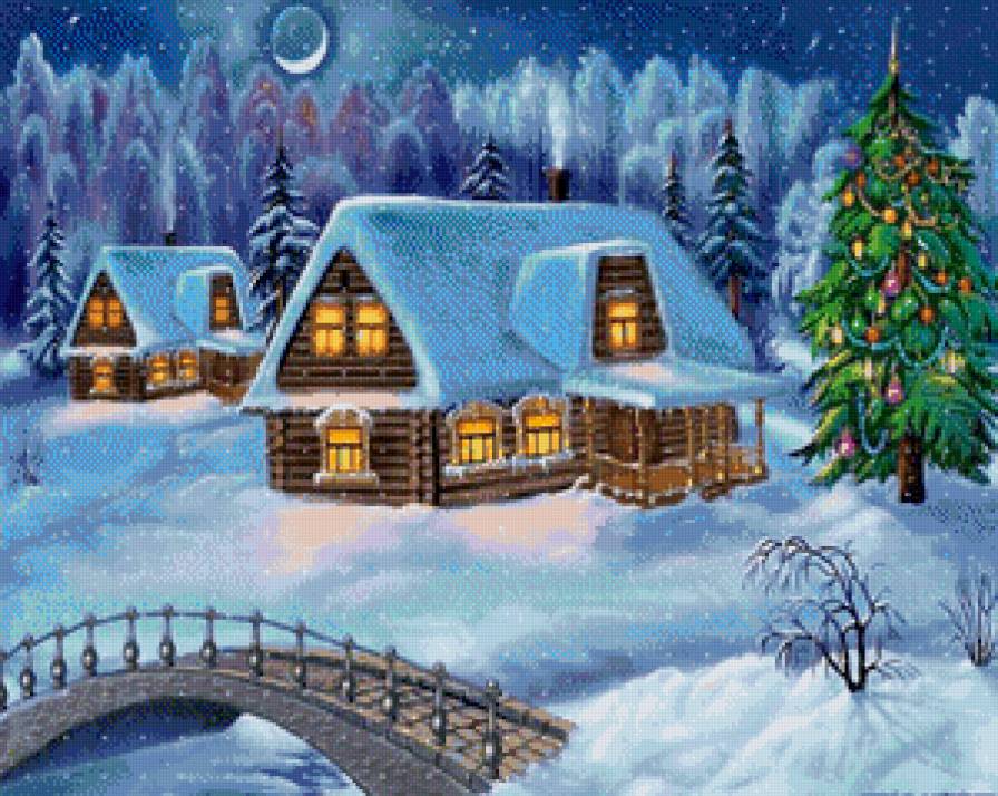 зимняя ночь - снегопад, елка, новый год, мост, деревня, месяц - предпросмотр