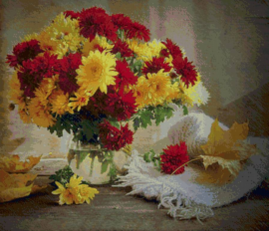 осенний натюрморт - листья, хризантемы - предпросмотр