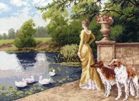 Усадьба - озеро, женщина собаки - оригинал