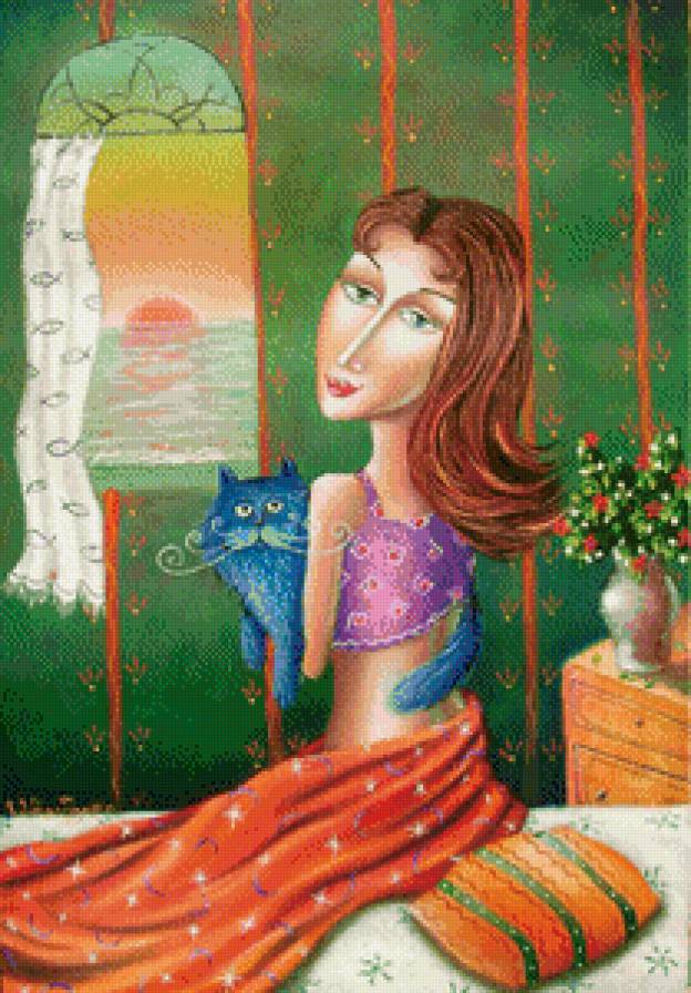 синий кот - мартиашвили, кот, девушка, примитивизм - предпросмотр