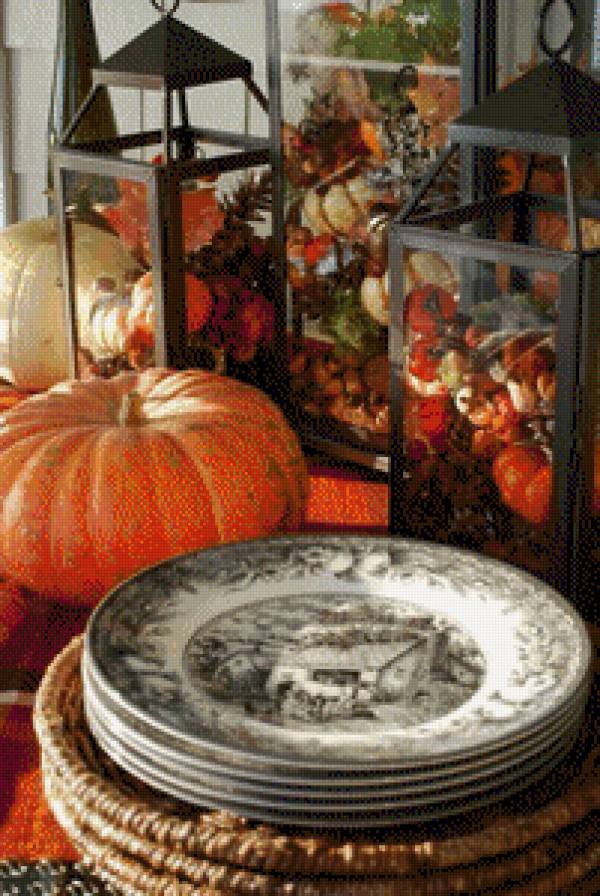 Натюрморт с тыквой - тыква, осень, тарелки - предпросмотр