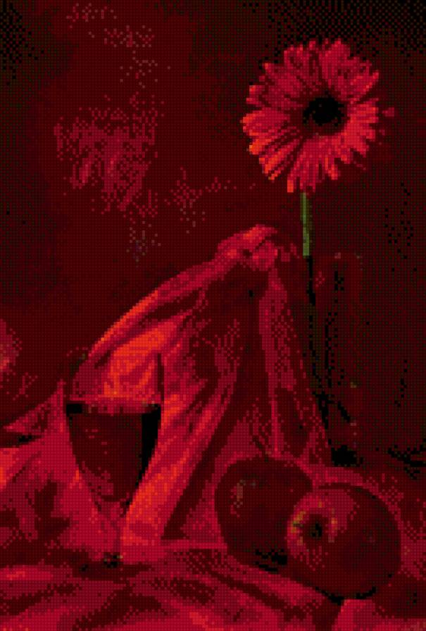 Красный натюрморт - ваза, гербера, цветы, яблоки, натюрморт - предпросмотр