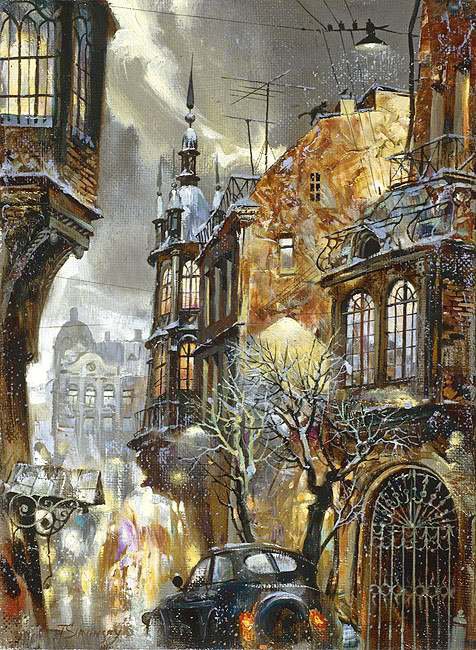 Первый снег в городе - вечер, городская улица, машина - оригинал