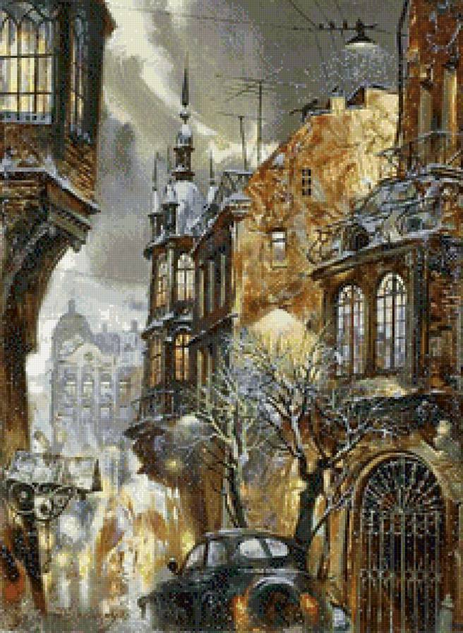 Первый снег в городе - машина, вечер, городская улица - предпросмотр