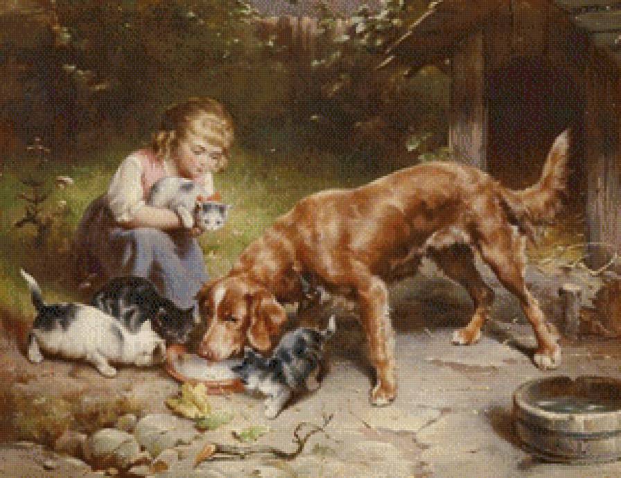 Любовь и забота - котята, собака, девочка - предпросмотр