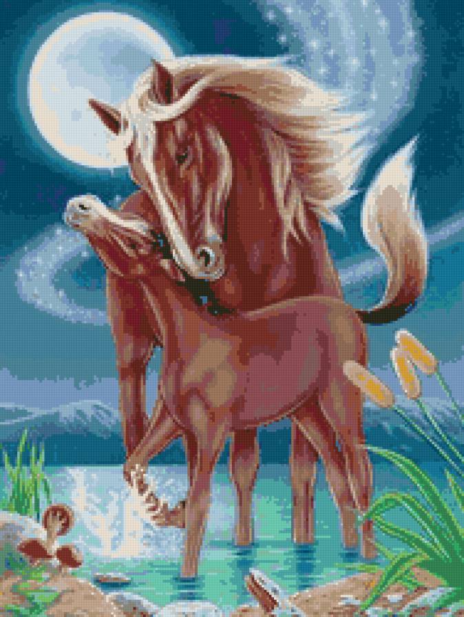 В лунном сияние - кони, река, ночь - предпросмотр