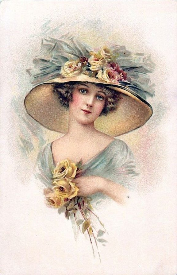 Дама в шляпе - розы, цветы, девушка, дама, шляпа - оригинал