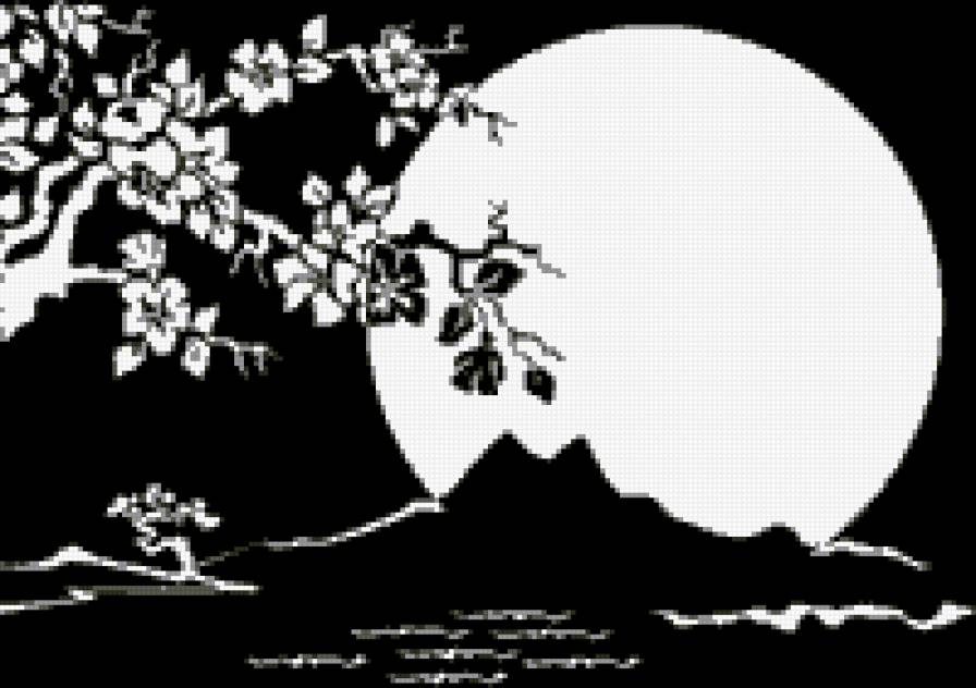 Сакура под луной - сакура, черно-белое - предпросмотр