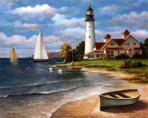 Маяк - дома, небо, побережье, лодка, пейзаж, парусник, маяк, море - оригинал