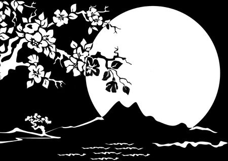 Сакура под луной 2 - сакура, черно-белое - оригинал