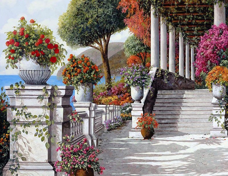Художник Guido Borelli - цветы, побережье, пейзаж, море, италия - оригинал
