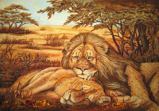 Пара львов - природа, львы, саванна, пейзаж - оригинал