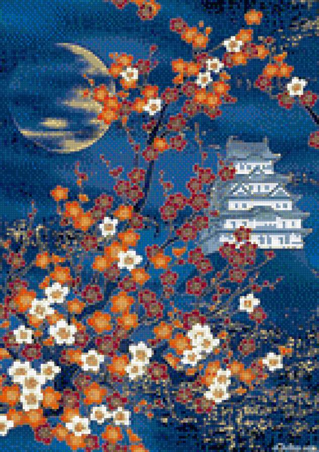 цветущая ночь - восток, япония, пейзаж, ночь, цветы - предпросмотр