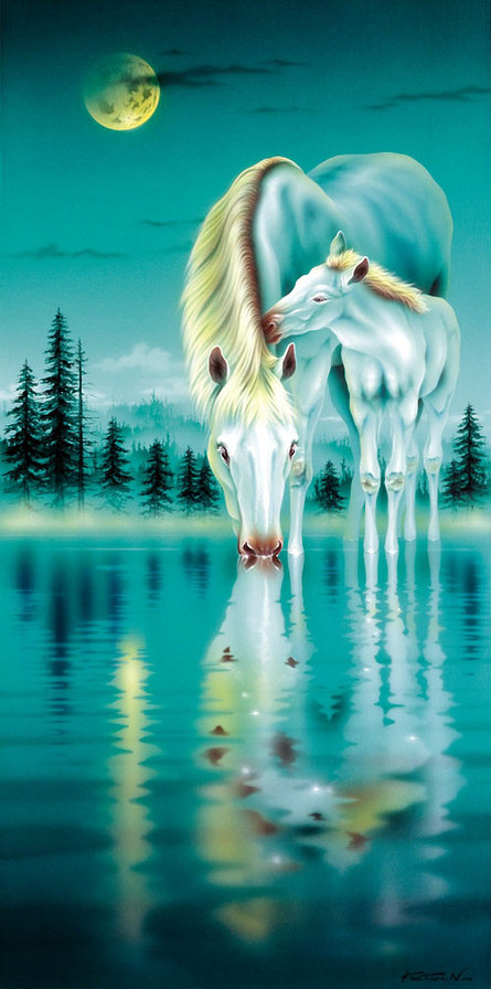 картина Кентаро Нишино - кони, ночь - оригинал