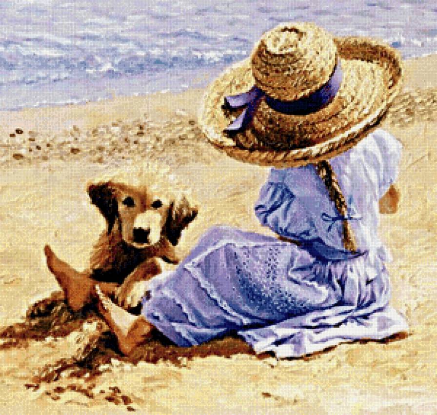 Беззаботное детство - девочка, домашние любимцы, море - предпросмотр