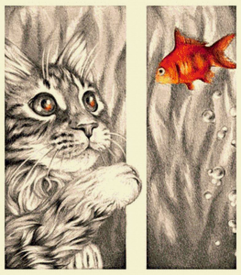 Домашние любимцы - котенок и золотая рыбка - предпросмотр
