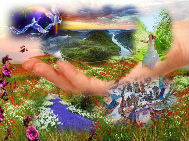 мир на ладони - природа, родник, фэнтази - оригинал