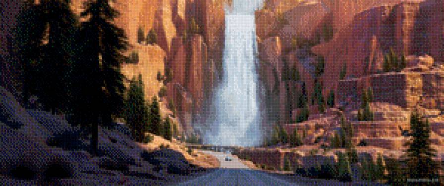 Горизонтальное панно. Водопад в каньонах. - солнце, водопад, каньон, ели - предпросмотр