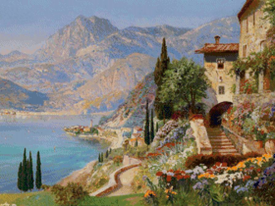 Вид Варенны на озере Комо - италия, живопись, озеро, горы, пейзаж, алоис арнеггер, дома - предпросмотр