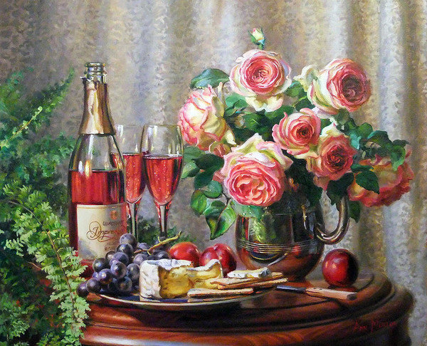 натюрморт с вином, розами - натюрморт с вином, розами - оригинал