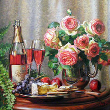 натюрморт с вином, розами