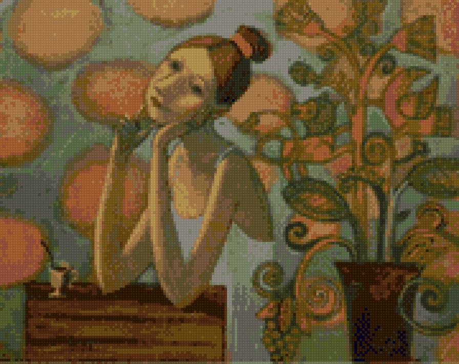 женщина с кофе - картина, олеся сержантова - предпросмотр