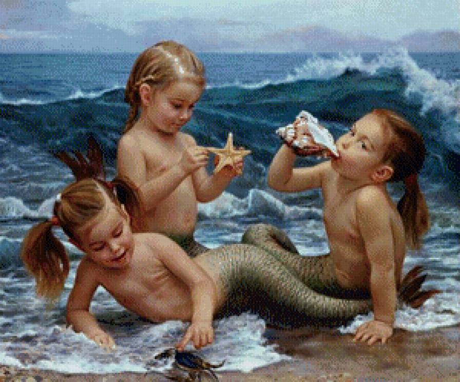 Беззаботное детство - картина, море, люди - предпросмотр