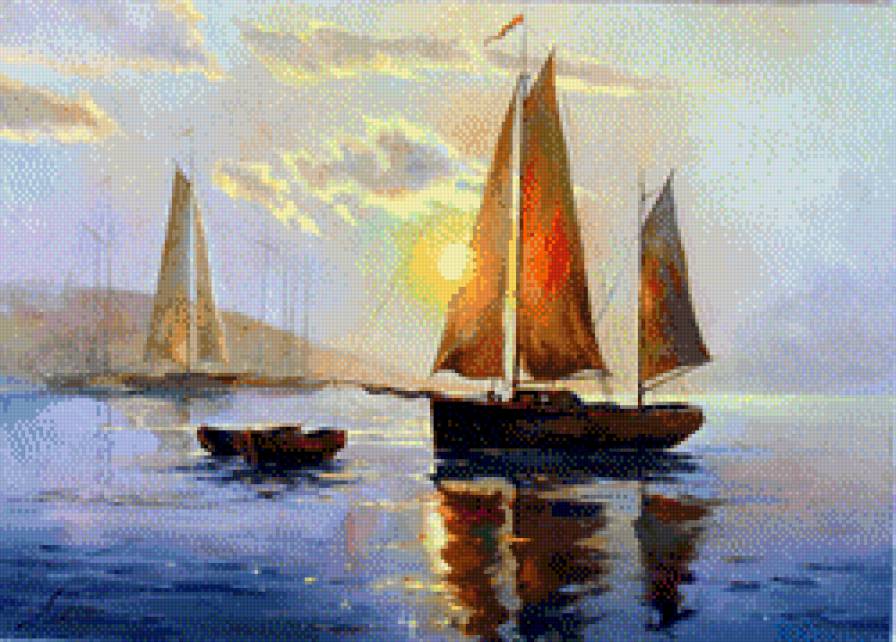 Утро на море - море, ладыгин, пейзаж, корабль, восход - предпросмотр