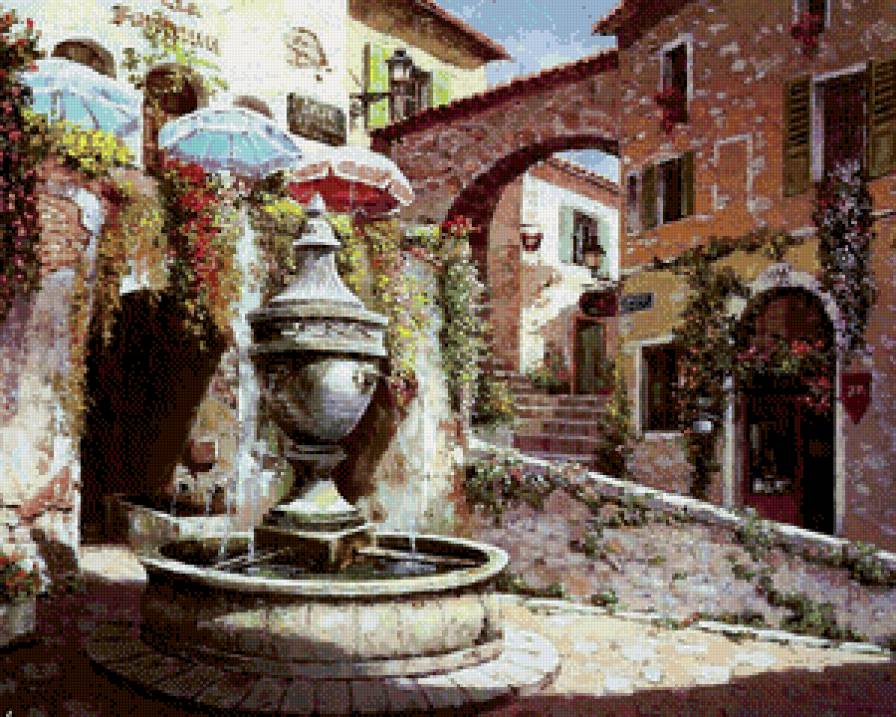 Sung Sam Park, фонтан, Сен-Поль-де-Ванс, Франция - дворик, живопись, sung sam park, город, франция, дома, фонтан - предпросмотр