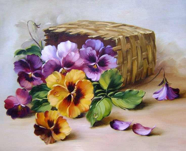 Анютки в корзиночке - картина, цветы, анютины глазки - оригинал