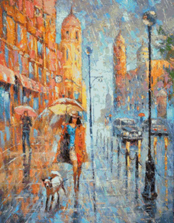 под дождем - город, дождь, живопись, картина, искусство - предпросмотр