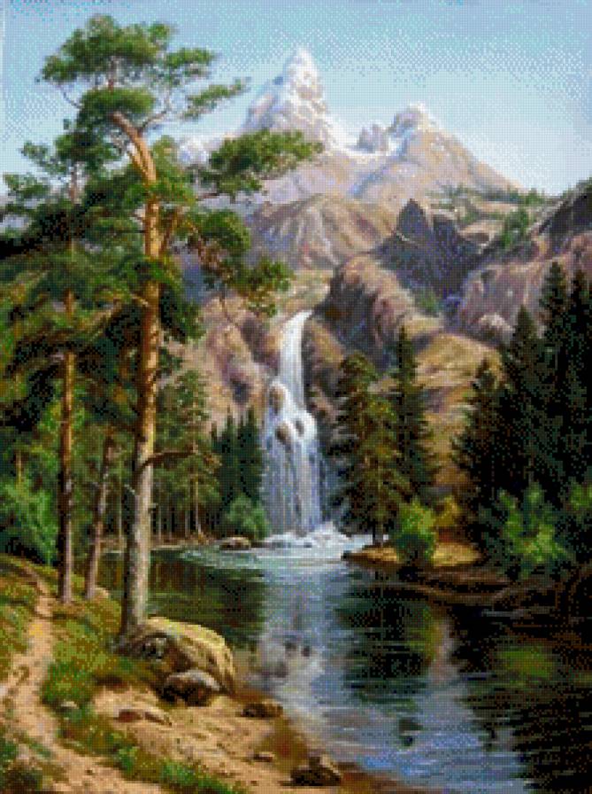 Живопись 2 - сосны, горы, водопад, пейзаж - предпросмотр