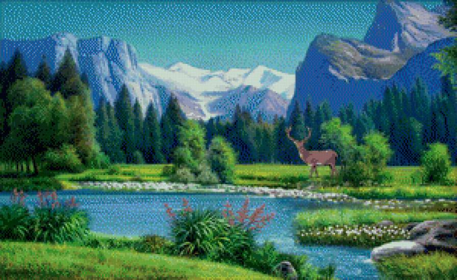 горный пейзаж и олень - горы, картина, живопись, животные, искусство - предпросмотр