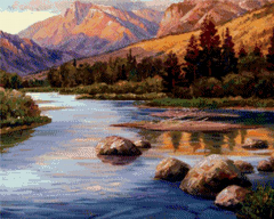горный пейзаж - картина, живопись, искусство, река, горы - предпросмотр