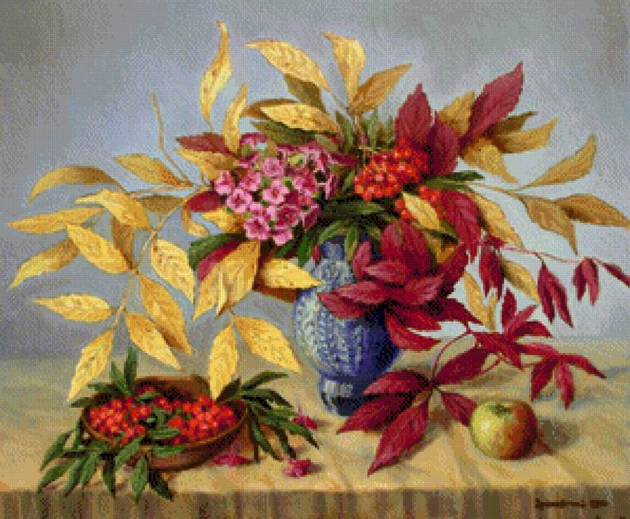 Осенняя пора - рябина, натюрморт, цветы, осень, букет, урожай - предпросмотр