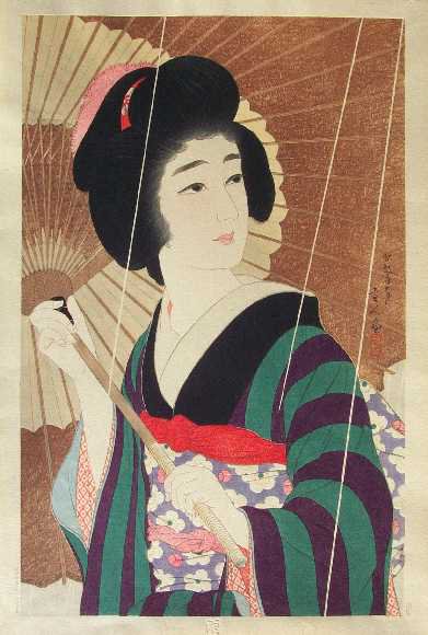 Дама под зонтом - япония, укие-э - оригинал