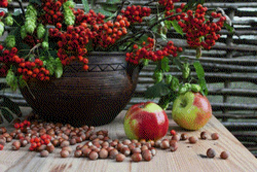 Орехово-яблочная рябина - осень, рябина, золотая, натюрморт, яблоки, орехи - предпросмотр