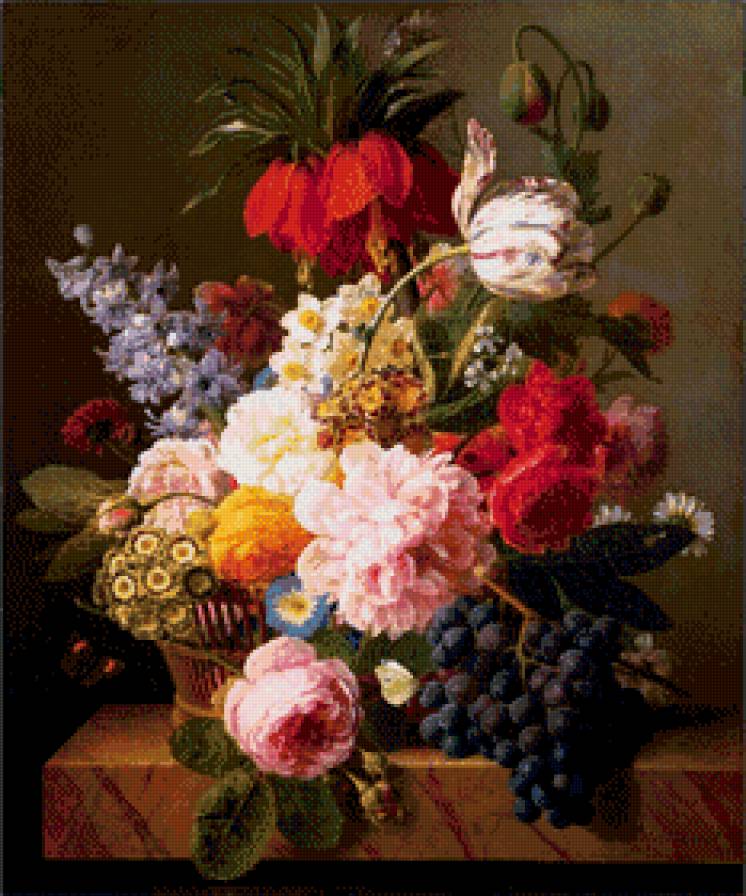 Натюрморт - натюрморт, виноград, букет, цветы - предпросмотр