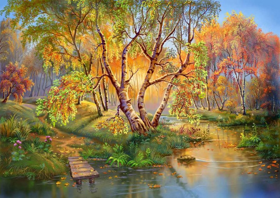 мостик в осеннем лесу - мостик, лес, осень - оригинал