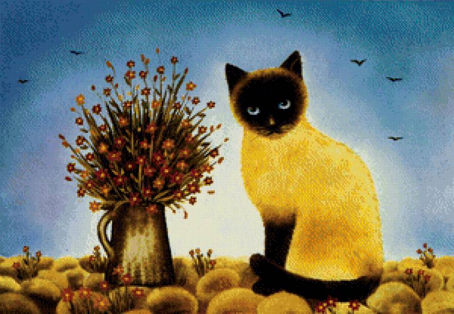Сиамский котик - цветы, кот, ваза - предпросмотр