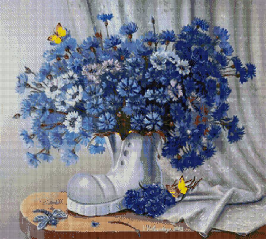 Башмачок с васильками - бабочка, букет, цветы, васильки - предпросмотр