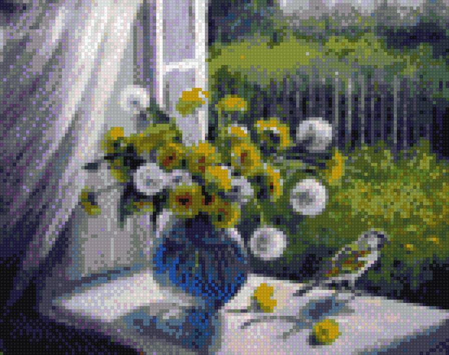на окне - вид из окна, полевые цветы, одуванчики - предпросмотр