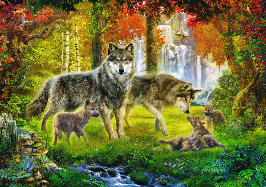 Волчья семья - лес, семья, осень, волки - оригинал