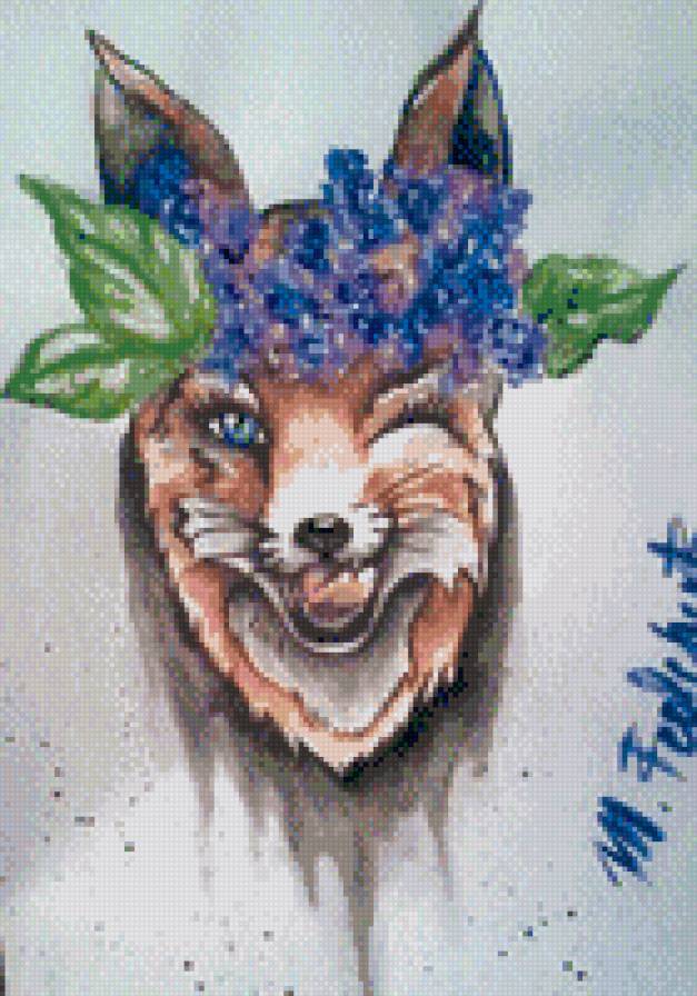 Лиса - краски, лиса, картина, цветы - предпросмотр