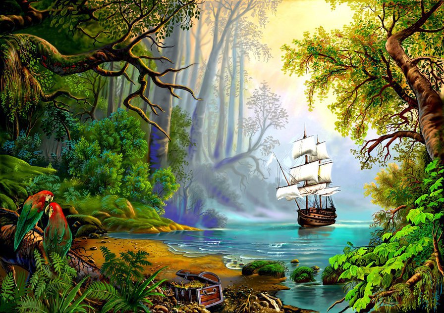 Зачарованная бухта - лес, море, корабль, пейзаж - оригинал