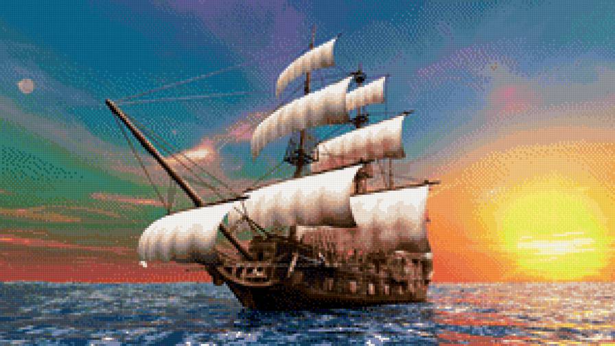 Парусник - корабль, парусник, море, закат - предпросмотр