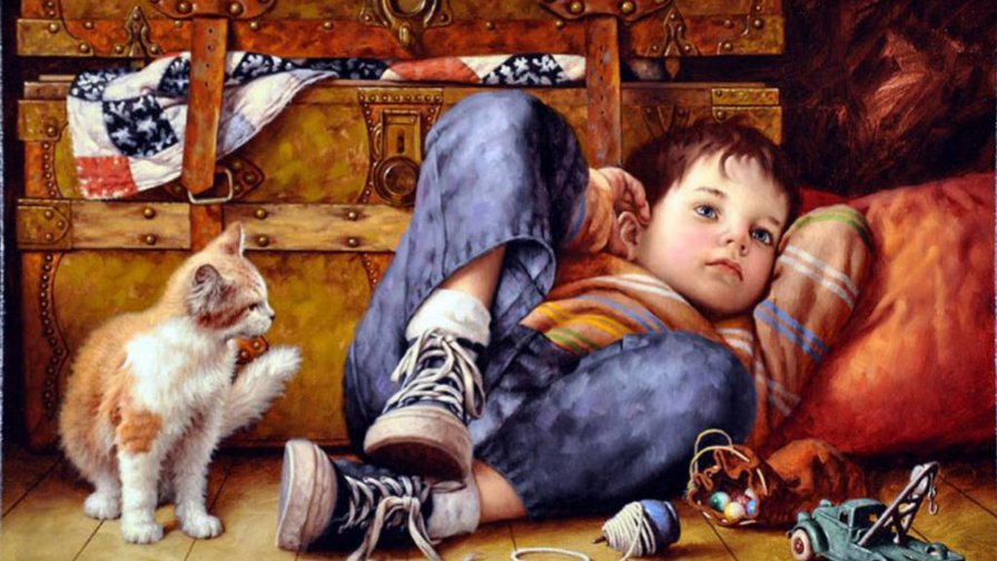 мальчик и рыжий котенок - мальчик, котенок, мечты - оригинал